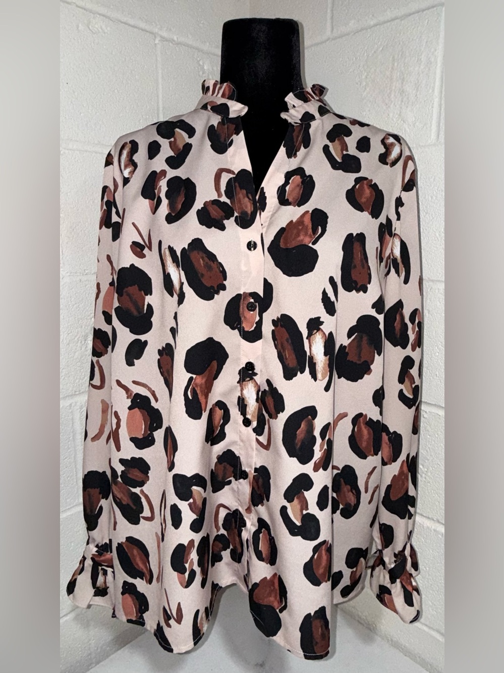 ELOQUII Neutral Animal Print Ruffle Neck Button Down Blouse - 16
